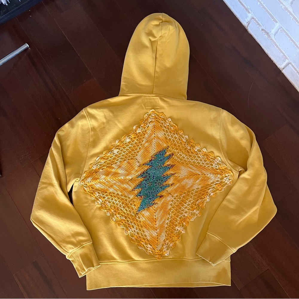 silk crochet patchwork stealie bright golden Grateful Dead festival hoodie💚⚡️🩵 - Picture 6 of 15